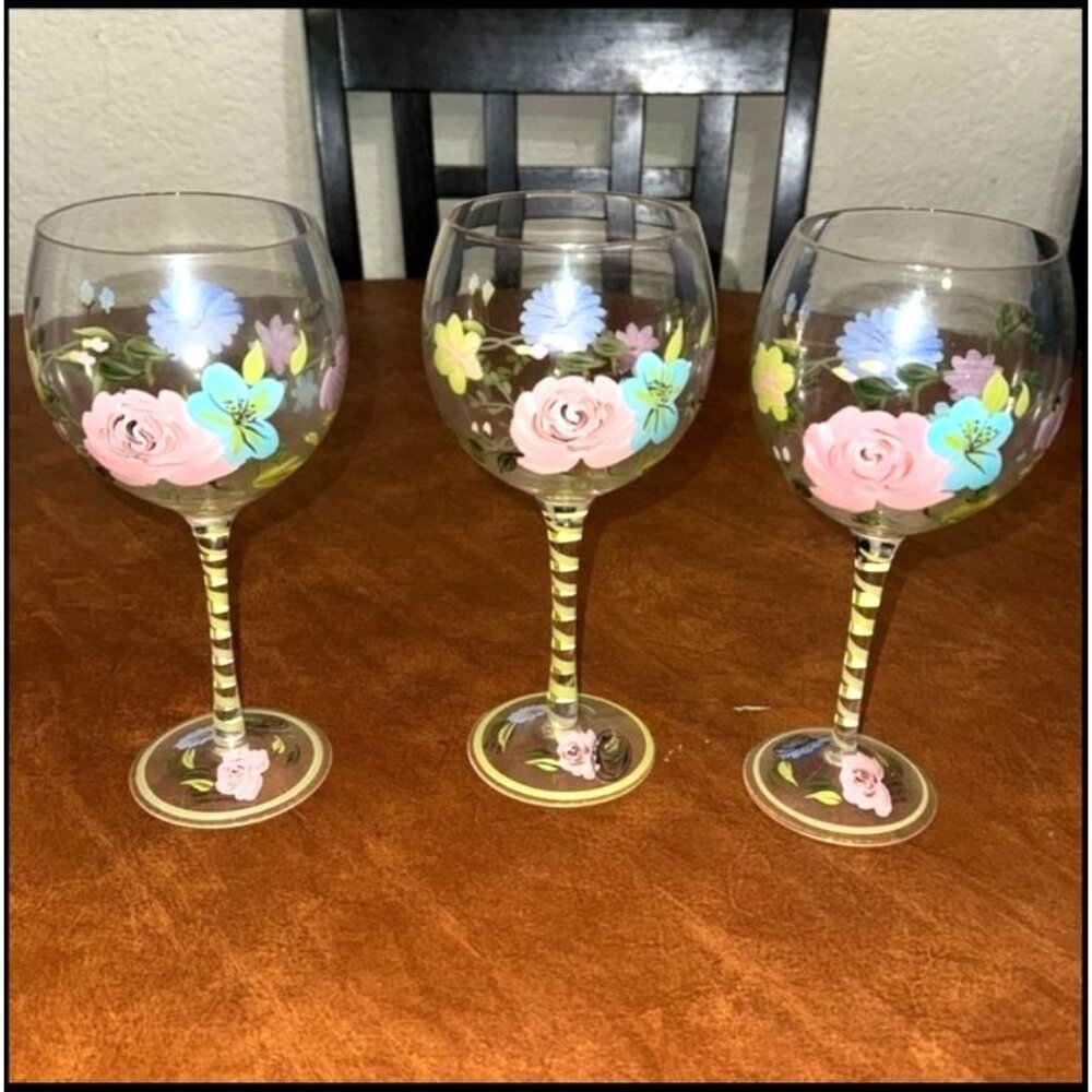 Set Of 3 Home Essentials Floral Painted Wine Glasses